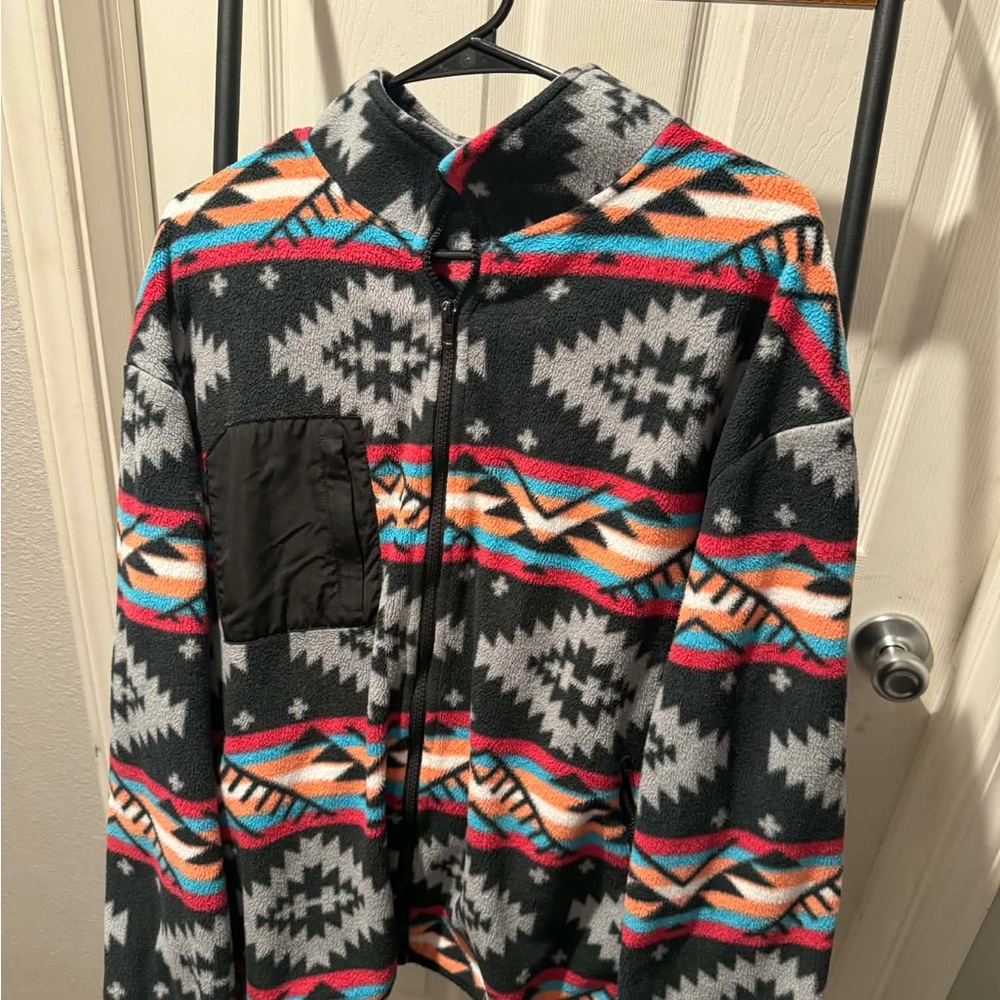 Aztec Print Fleece Jacket - Black, Gray, Orange & Teal